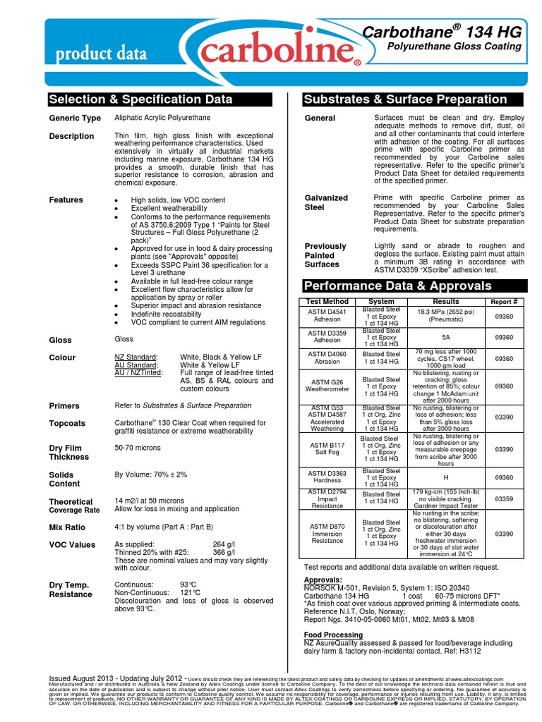 Carbothane 134 HG Polyurethane Coating MSDS PDF Paint Carbon Dioxide