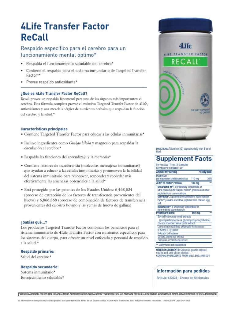 4life Transfer Factor Recall PDF Biología Bienestar