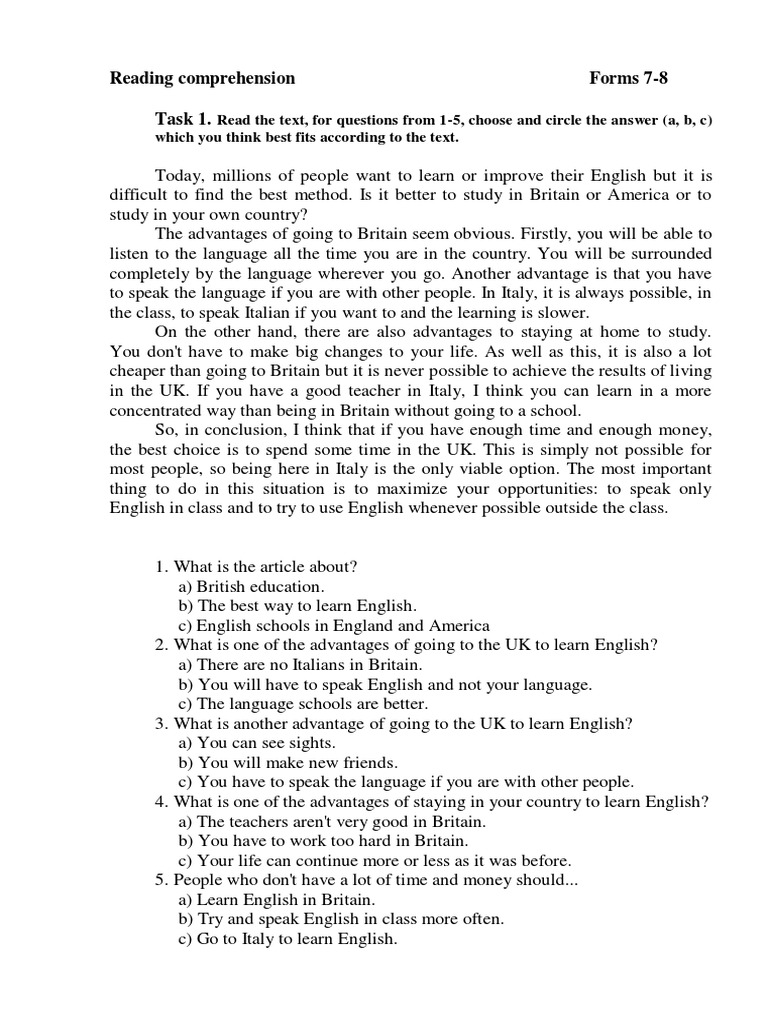 English Reading Comprehension Tasks | PDF | Reading Comprehension ...