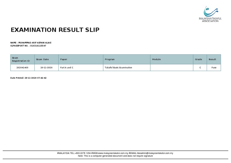 Takaful Exam Result