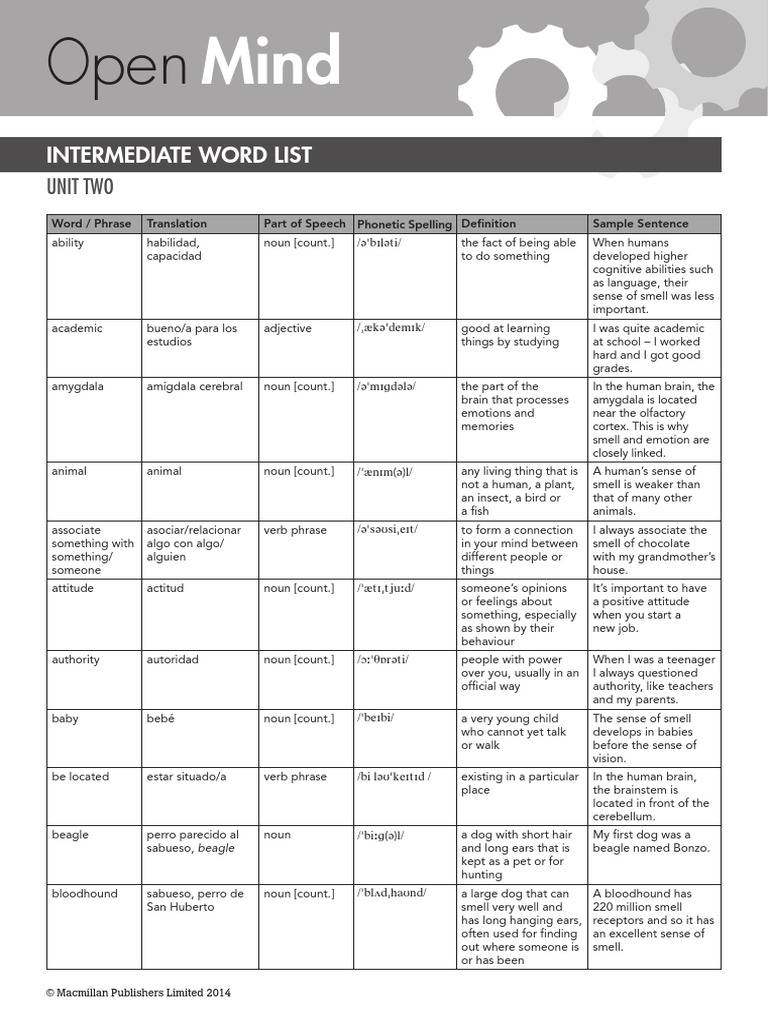 Open Mind Intermediate Unit 2 Wordlist Spanish PDF Olfaction