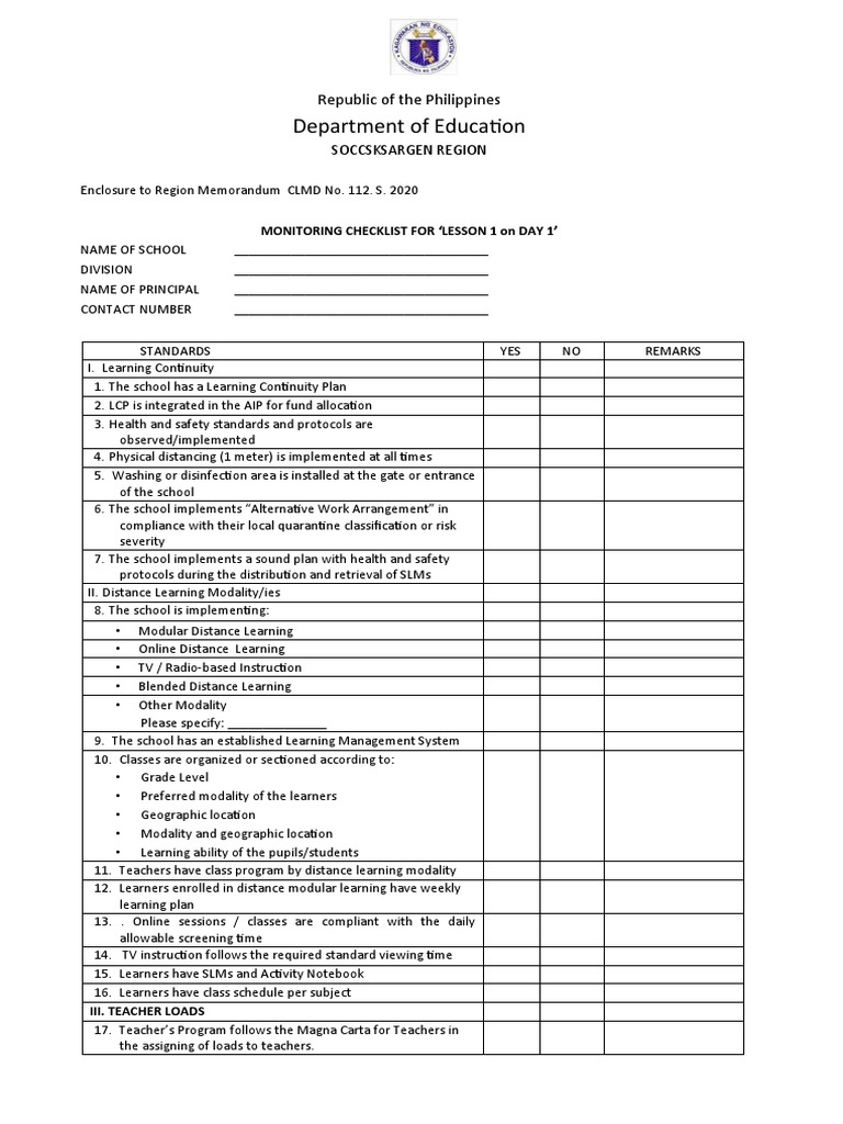Monitoring Checklist for Lesson 1 Day 1 | PDF | Distance Education ...