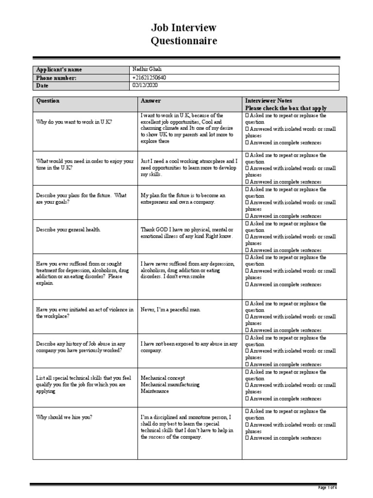 Job Interview Questionnaire for Nadhir Ghali | PDF | Question | Mental ...