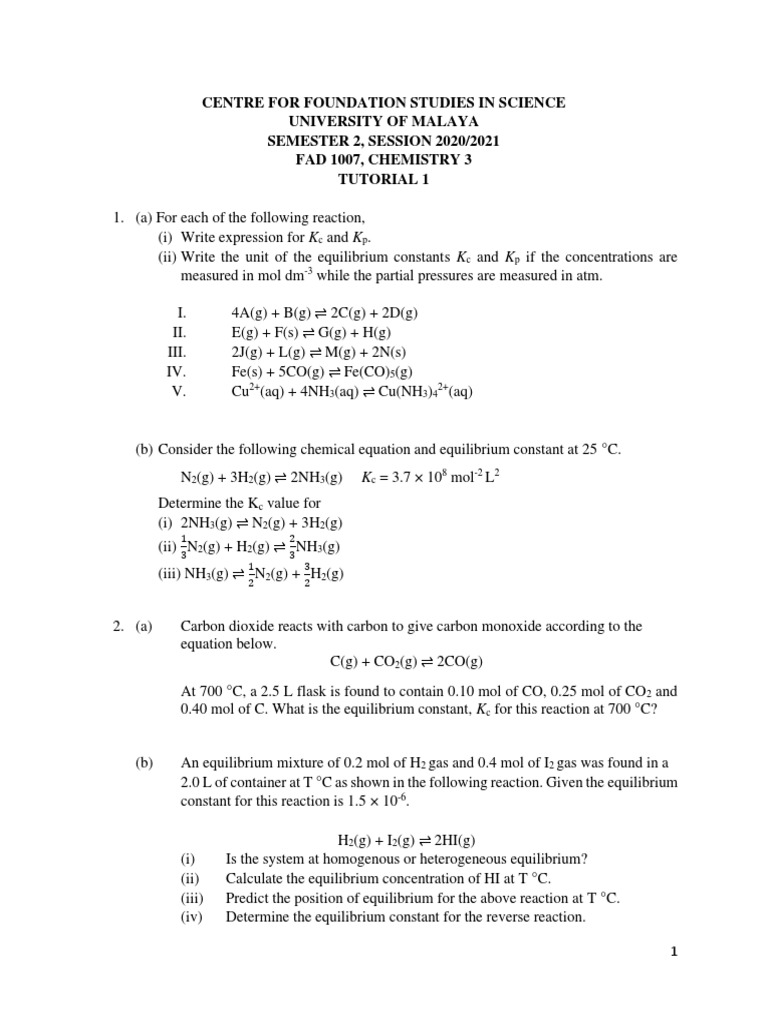 Tutorial 1 Question Pdf Chemical Equilibrium Chemical Reactions