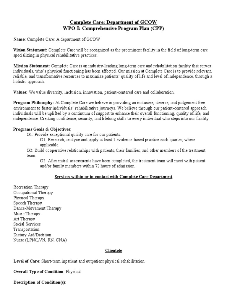 Complete Care Department of GCOW WPOI Comprehensive Program Plan (CPP) PDF Patient