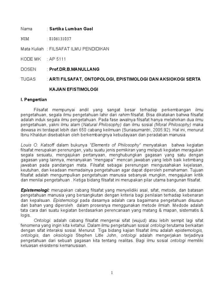 Makalah Pengertian Filafat Ontologi Efistemiligi Dan Aksiologi