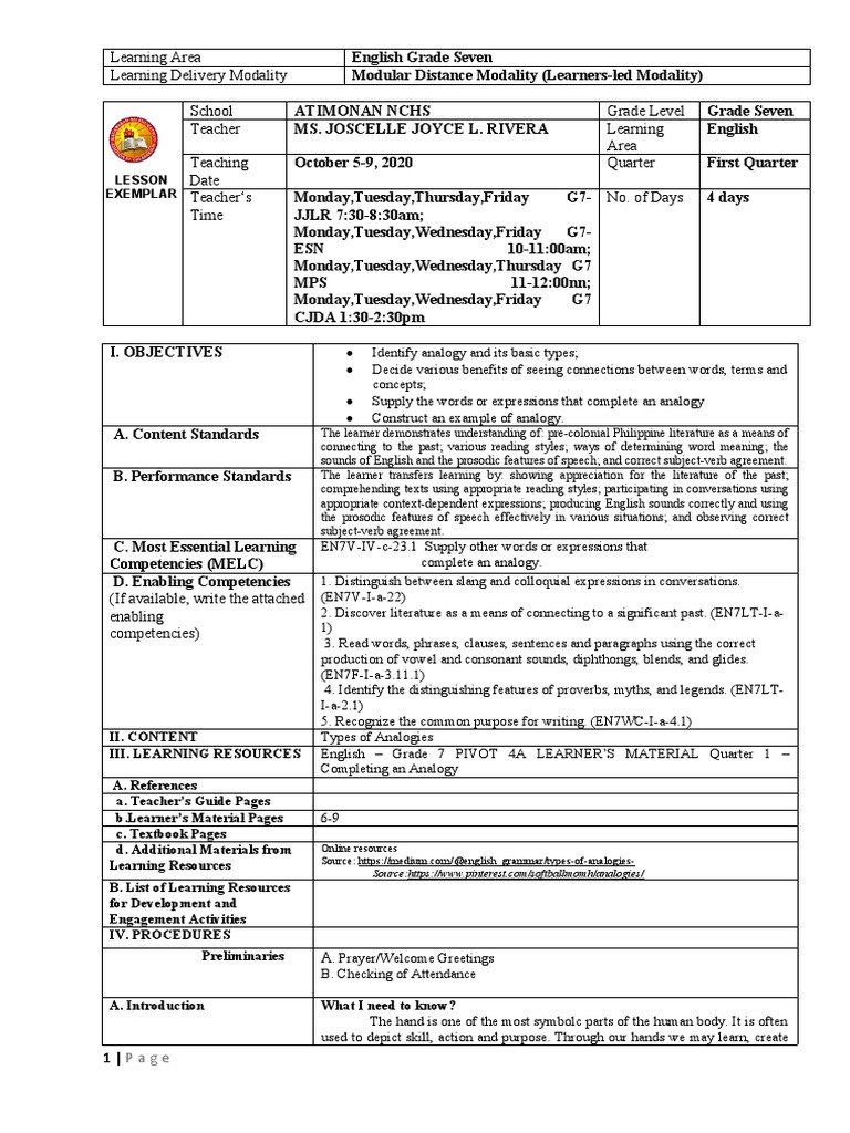 Grade 7 Analogy Lesson Plan | PDF | Analogy | Learning