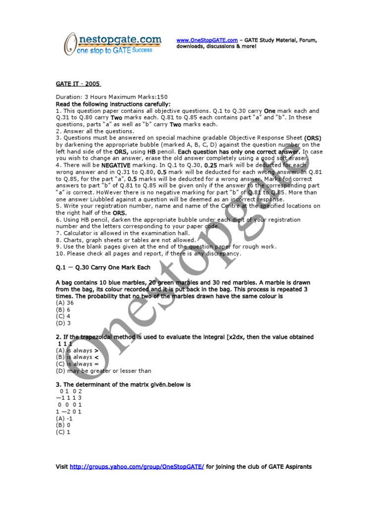 Gate Information Technology (IT) - 2005 Exam Paper | PDF | Teaching ...