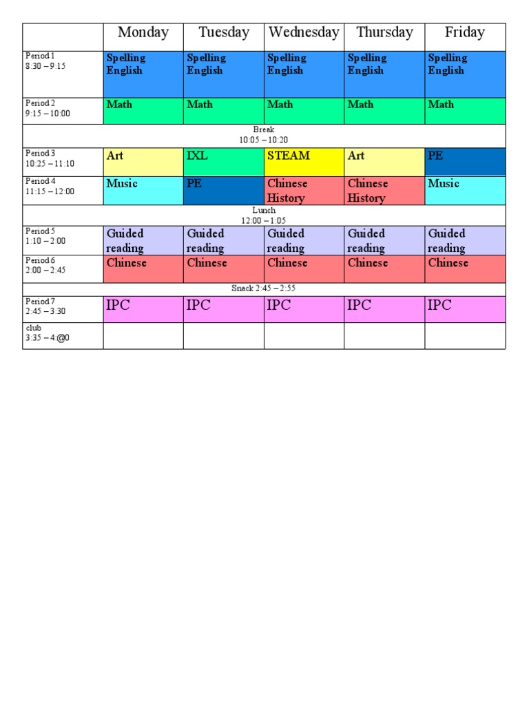 Weekly Class Schedule Overview | PDF | Language Arts & Discipline