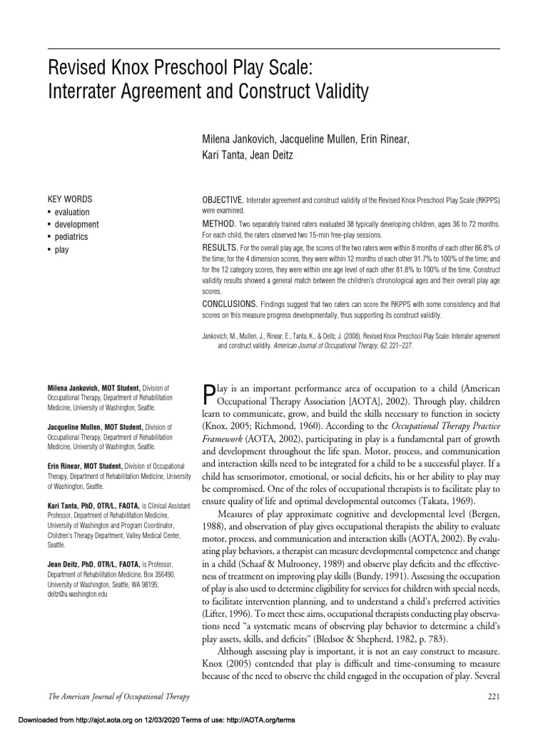 Revised Knox Preschool Play Scale: Interrater Agreement and Construct ...
