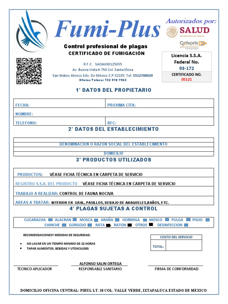 Certificado Fumigacion en Blanco PDF