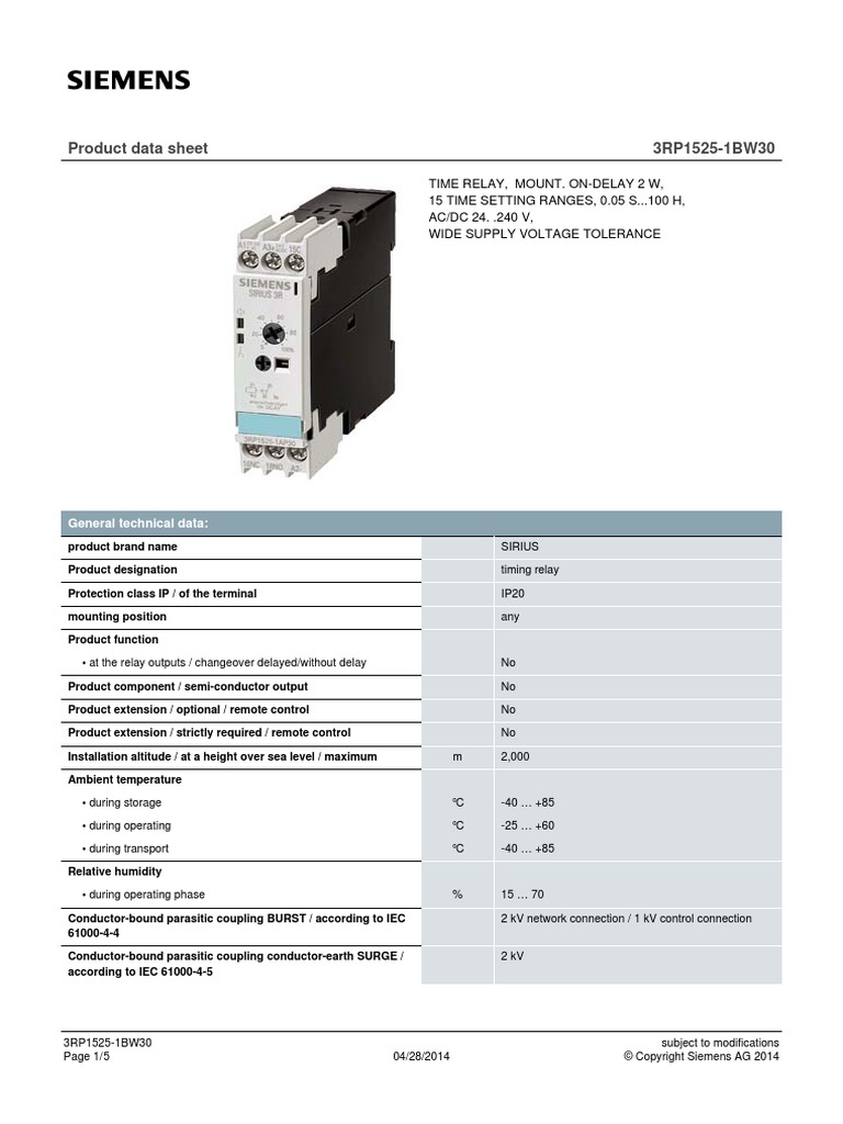 Product Data Sheet 3RP1525-1BW30 | PDF | Alternating Current | Relay