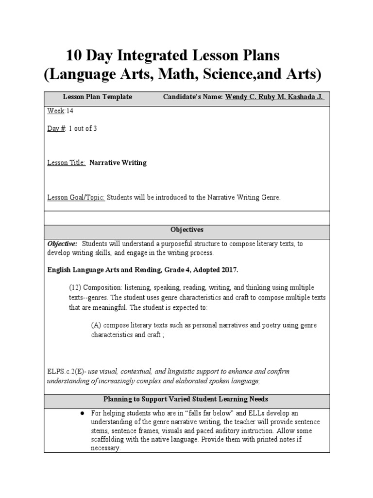 10 Day Integrated Lesson Plans | PDF | Lesson Plan | Narrative
