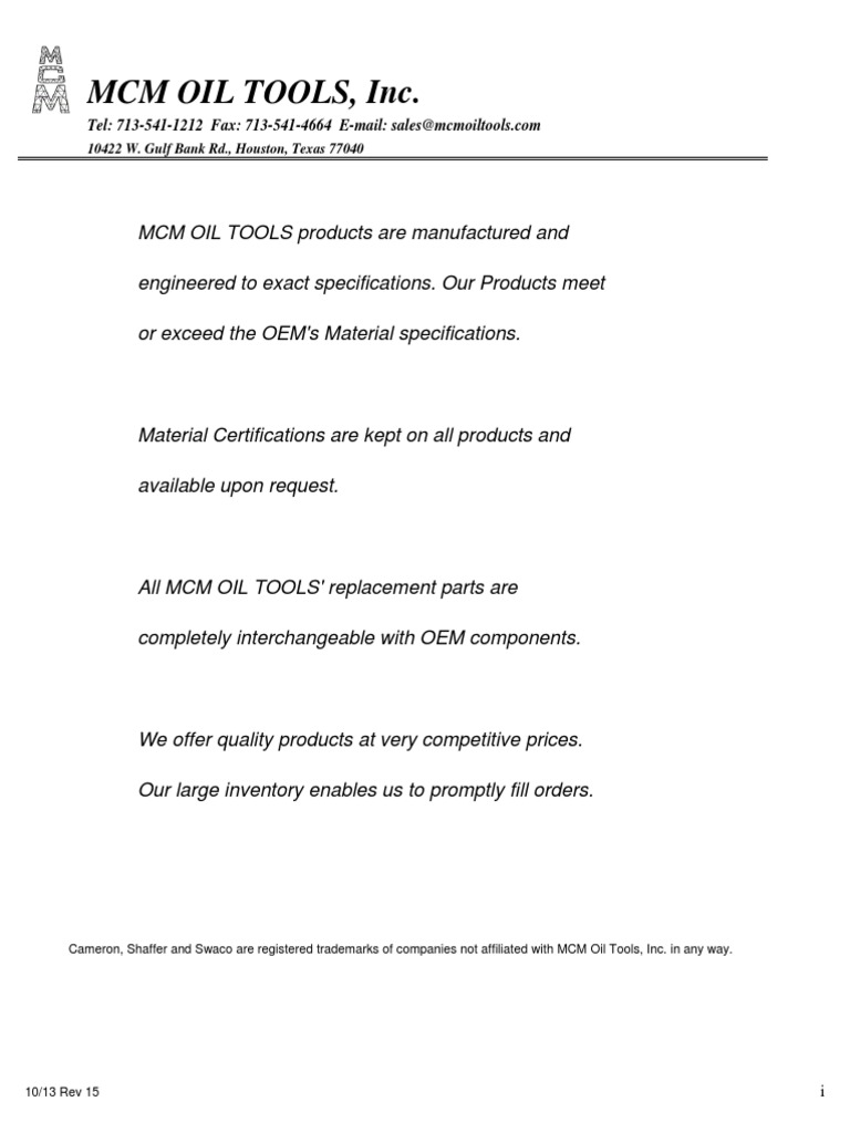MCM Oil Tools, Inc. 10422 W. Gulf Bank RD., Houston, Texas 77040 PDF