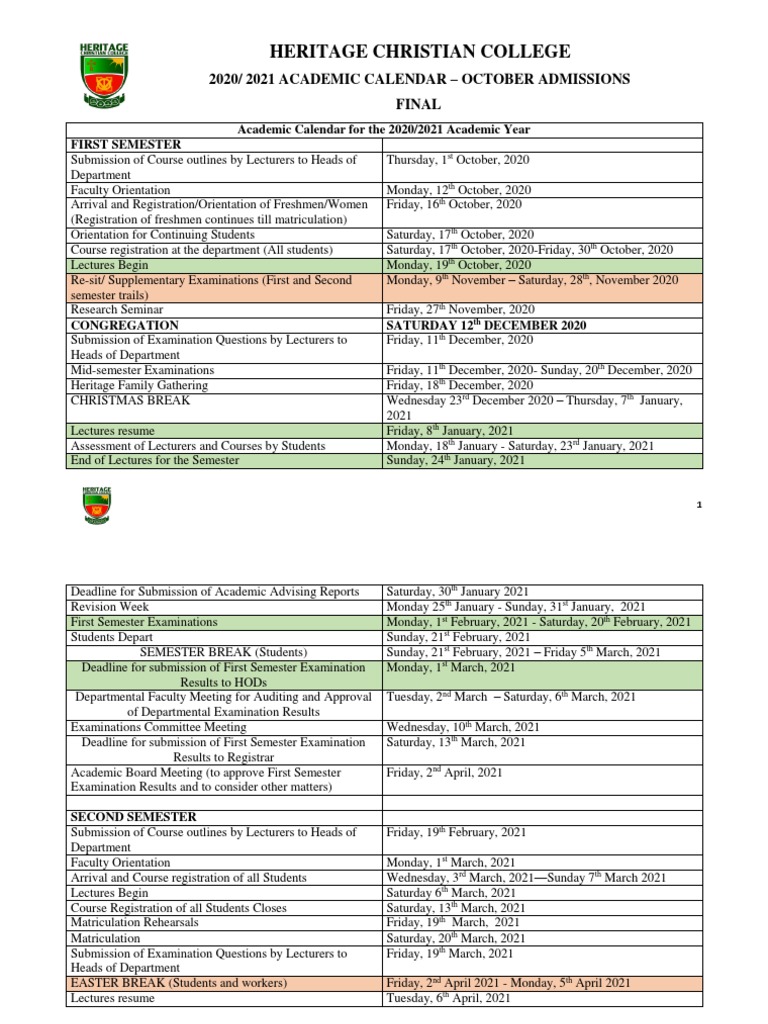 Approved Academic Calendar For 2020-2021 October Admission PDF | PDF |  Academic Term | Learning