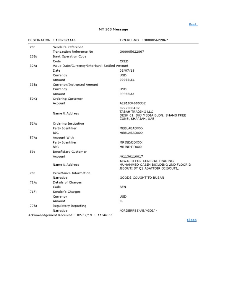 MT 103 Payment Message Details | PDF