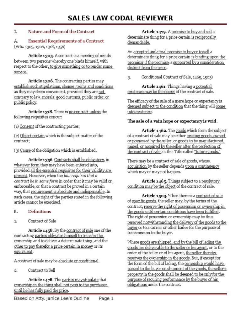 Sales Law Codal Overview | PDF | Offer And Acceptance | Consideration