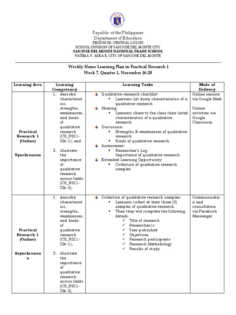 Weekly Home Learning Plan in Practical Research 1 Week 7, Quarter 1 ...