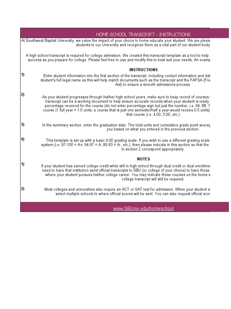 Homeschool Transcript Template PDF University And College Admission