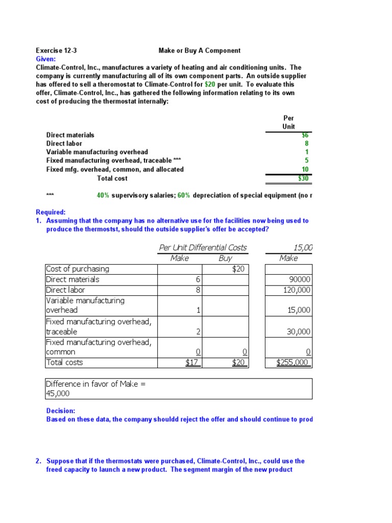 Per Unit Differential Costs 15,000 Units Make Buy Make PDF Cost