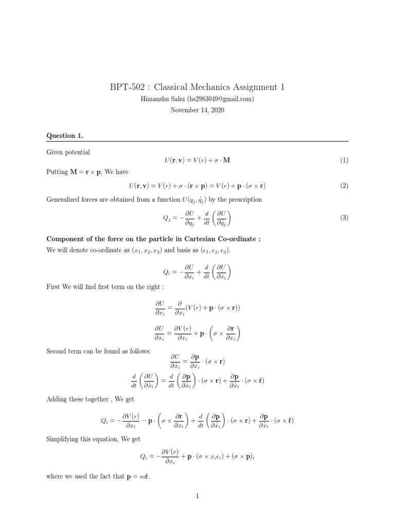 Classical Mechanics Assignment Overview | PDF | Lagrangian Mechanics ...