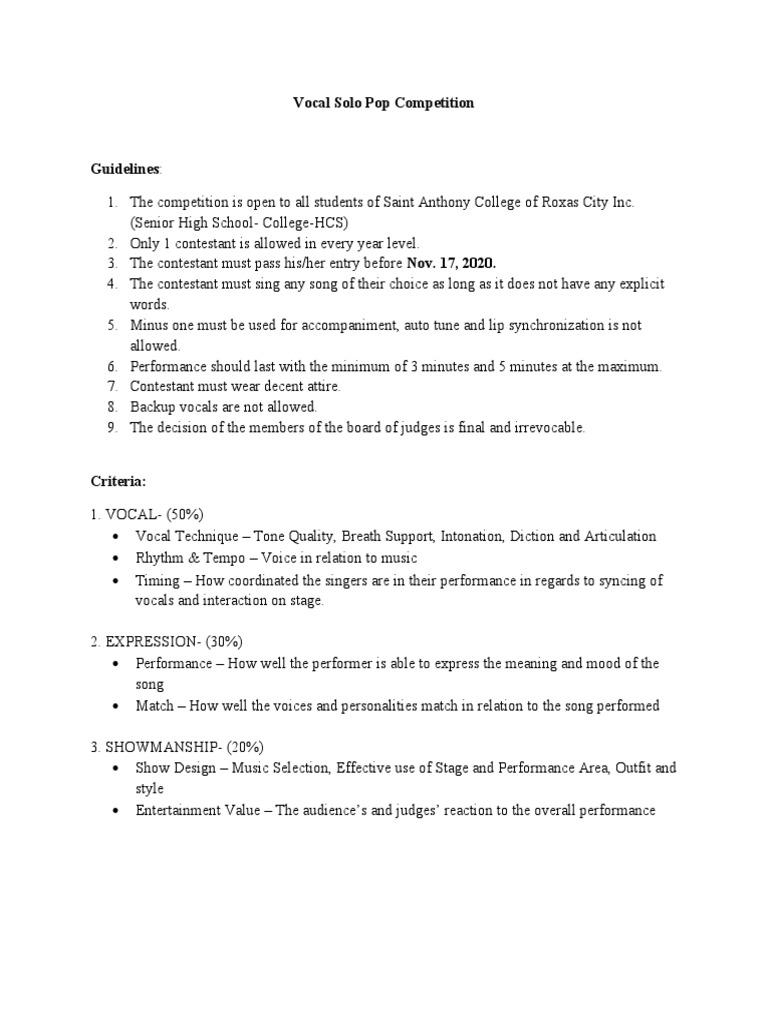 Vocal Solo Competition Guidelines | PDF | Singing | Vocal Pedagogy