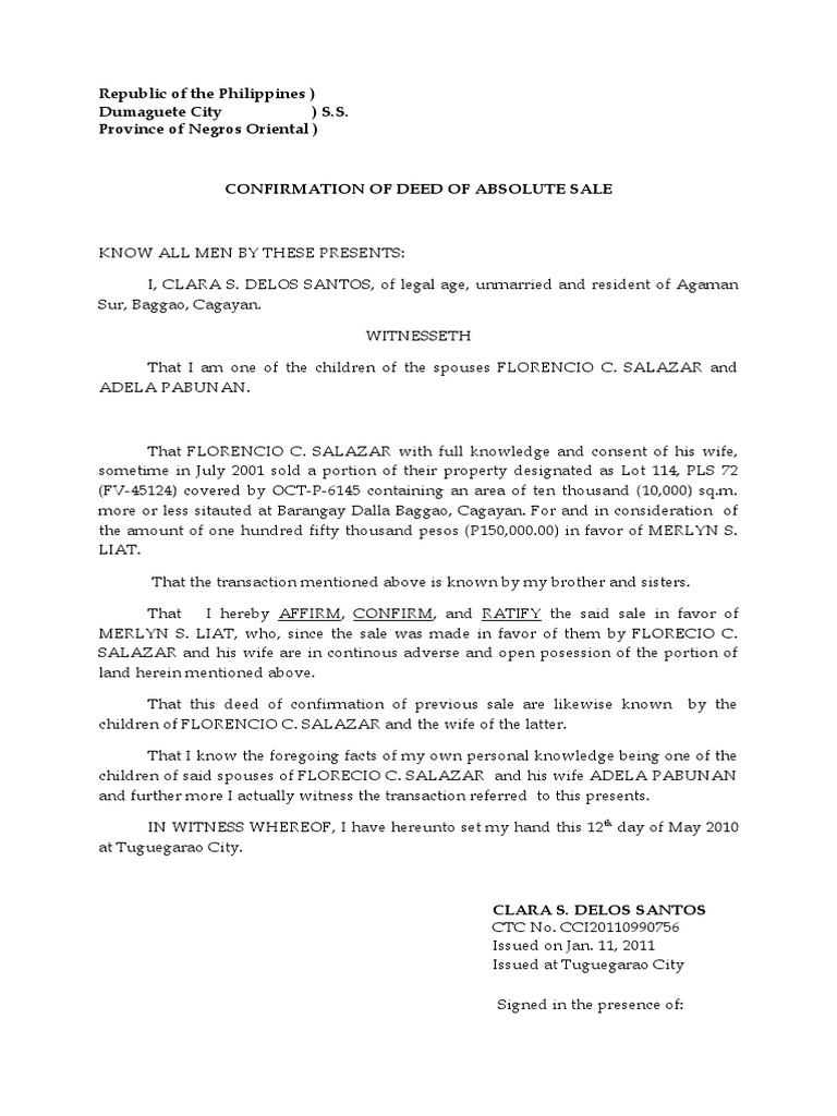 Confirmation of Deed of Sale | PDF | Civil Law (Legal System) | Law And ...