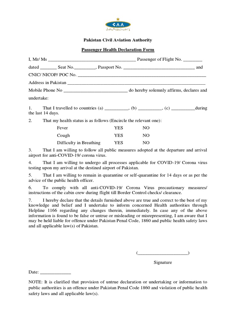 Pakistan Passenger Health Declaration Form | PDF