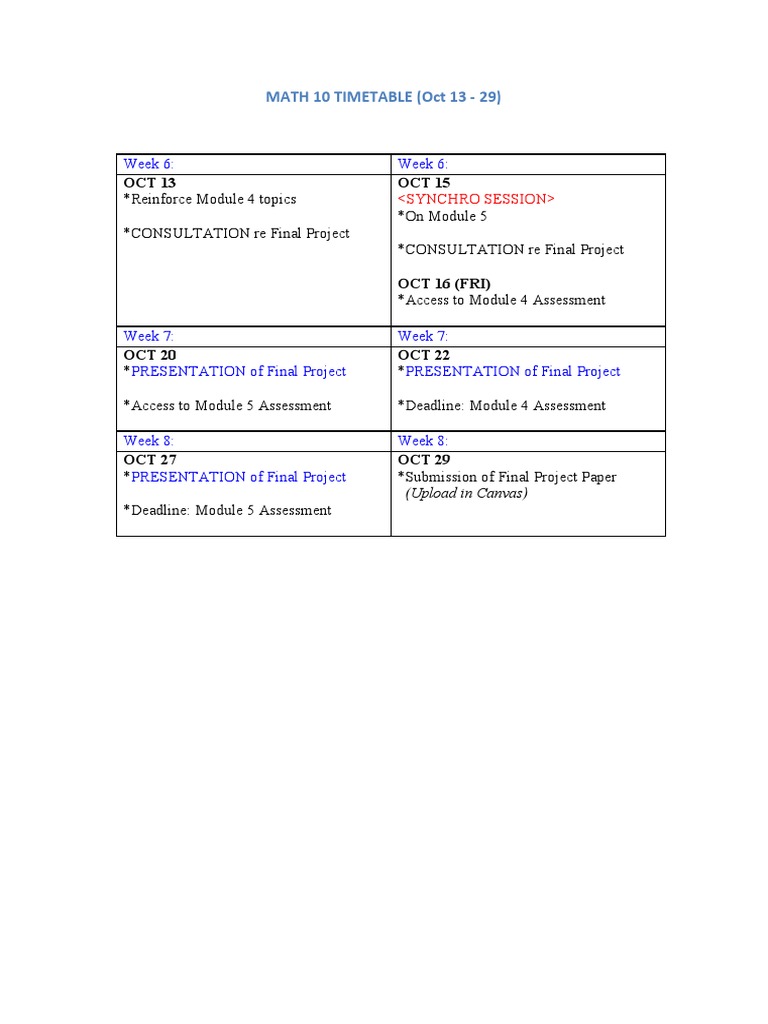 Math10TimeTable Oct13to29 PDF | PDF