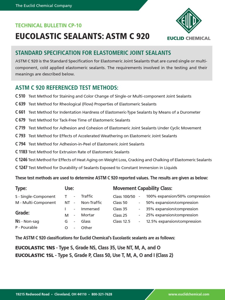 Eucolastic Sealants Astm C 920 Standard Specification For Elastomeric