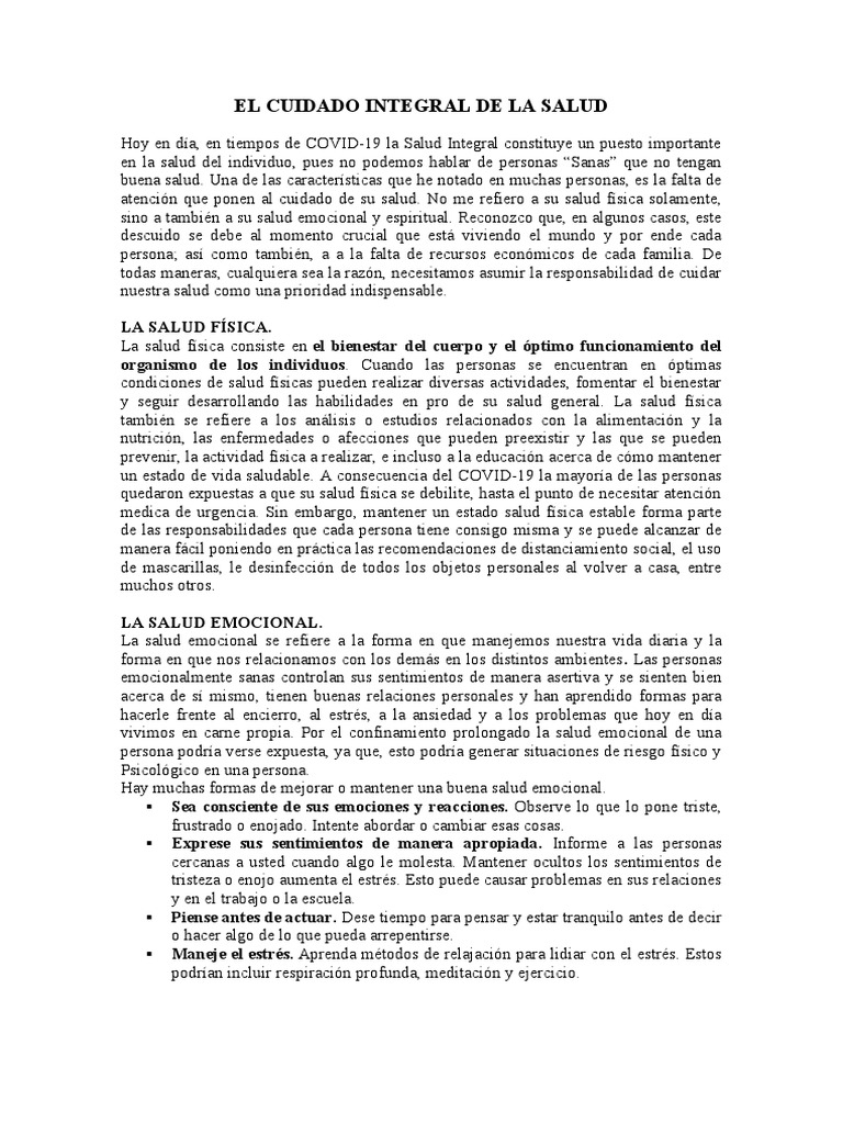 EL CUIDADO INTEGRAL DE LA SALUD Texto Expositivo | PDF | Estrés ...