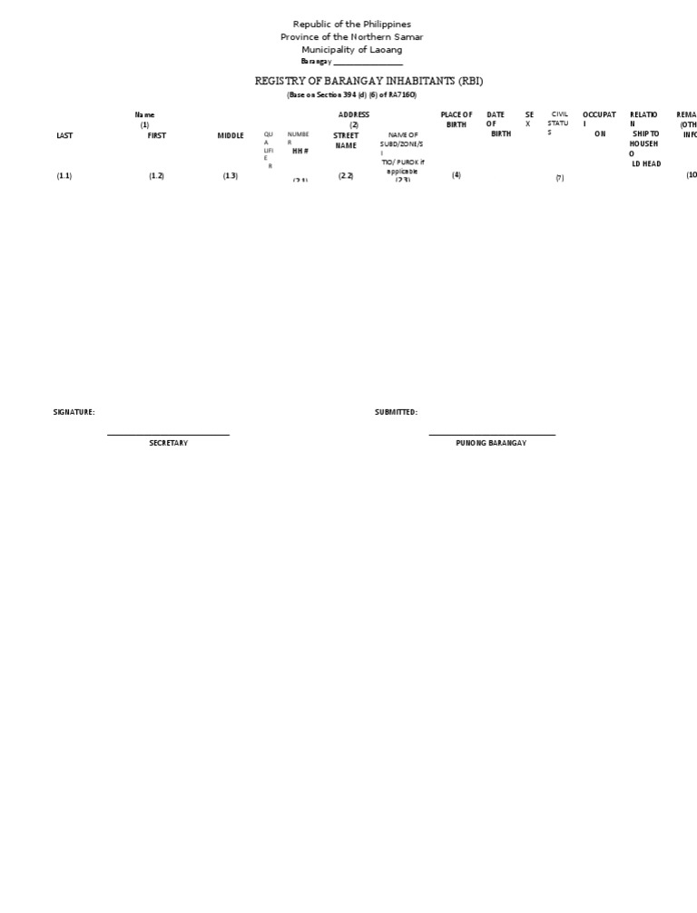Barangay Registry of Inhabitants Form | PDF