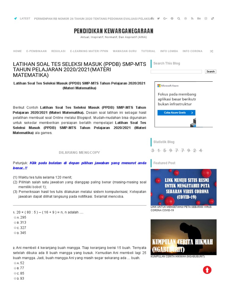 Latihan Soal Tes Seleksi Masuk Ppdb Smp Mts Tahun Pelajaran 2020
