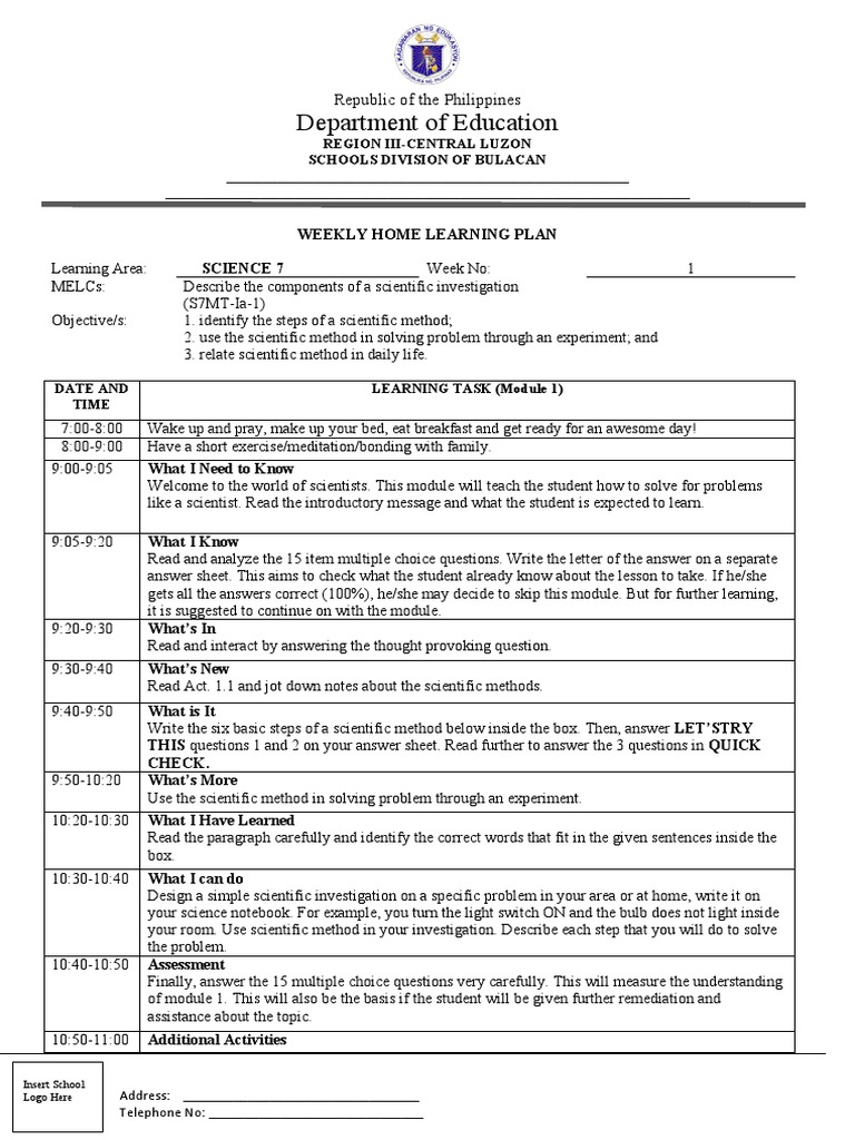 Weekly Home Learning Plan: Science 7 | PDF | Multiple Choice ...