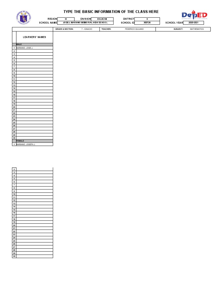 Class Record for Grade 7 Mathematics | PDF | Learning | Behavior ...