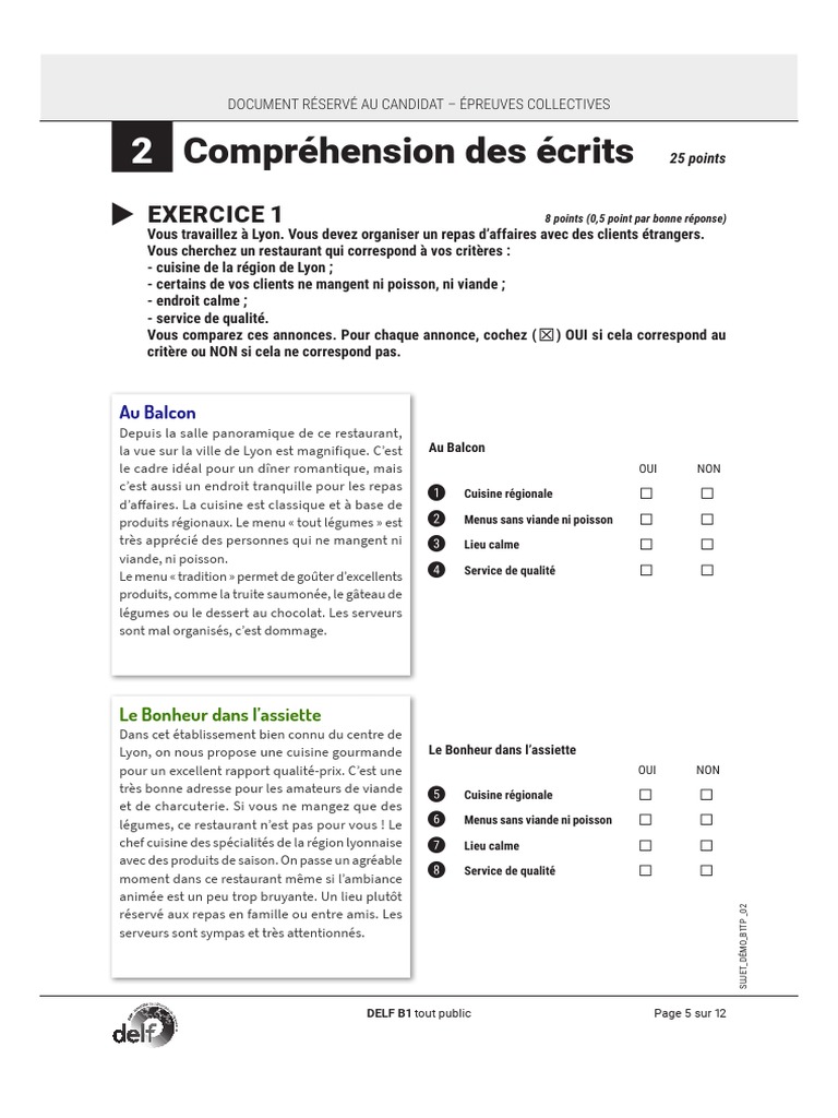 Examen DELF B1 : Compréhension écrite | PDF | Multilinguisme | Restaurants