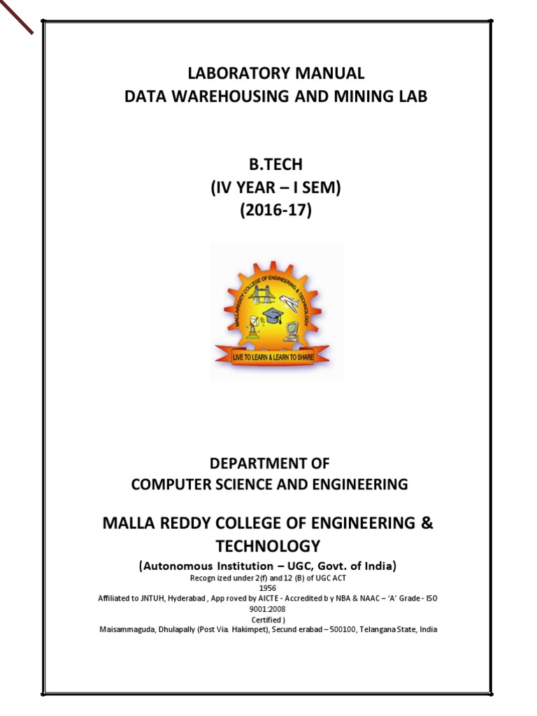 Laboratory Manual Data Warehousing and Mining Lab Department of