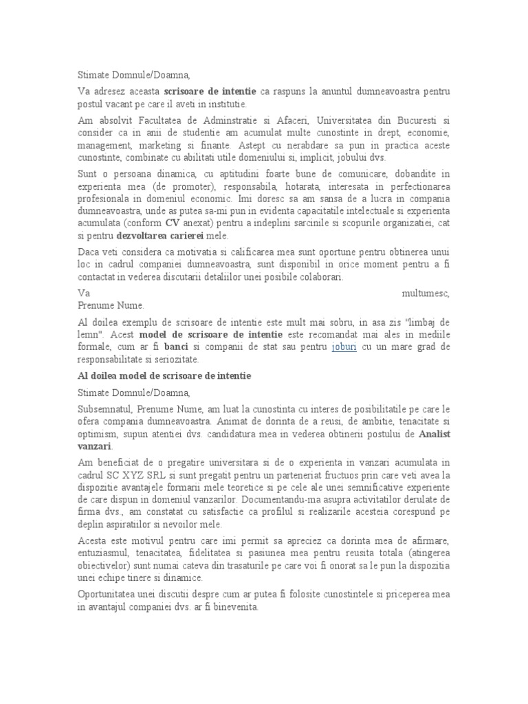 MODEL DE SCRISOARE DE INTENTIE