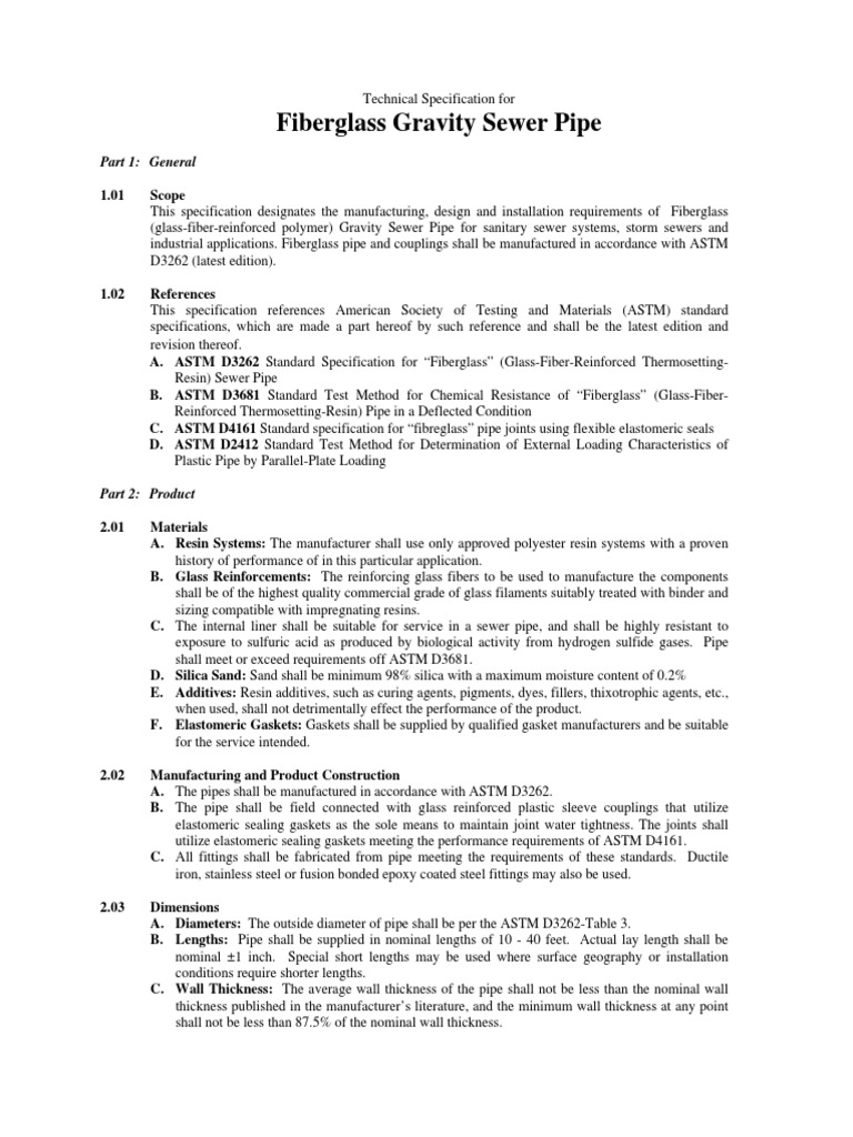 Typical Specification Fiberglass Gravity Sewer Pipe PDF Fiberglass Pipe (Fluid Conveyance)