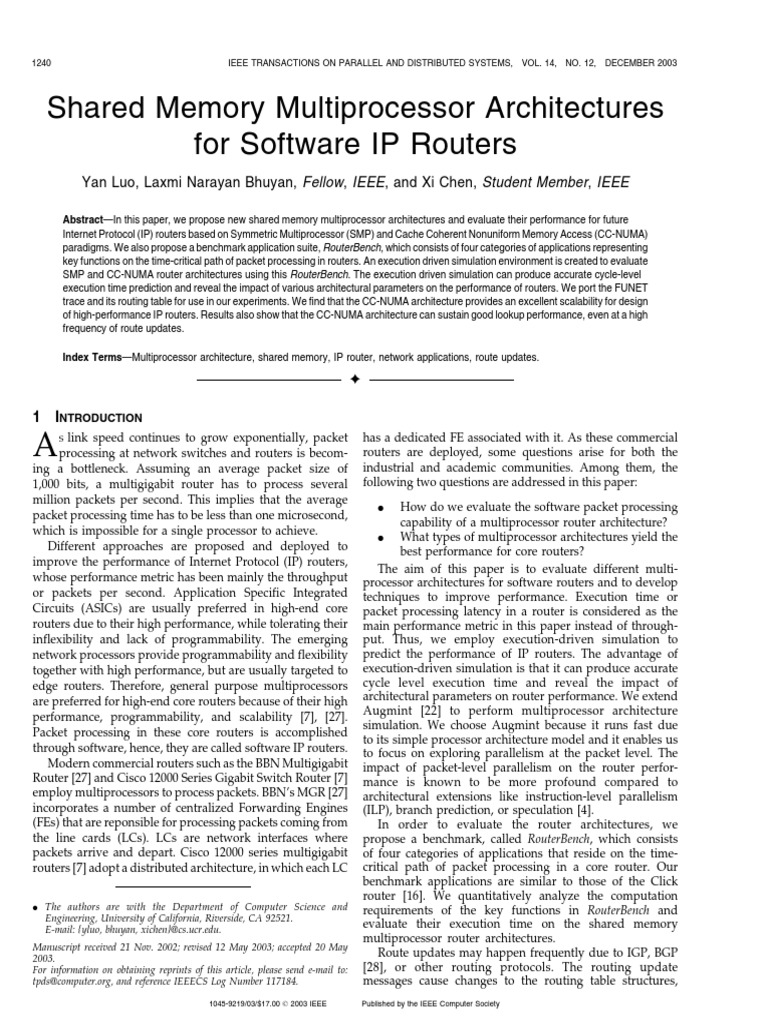 Shared Memory Multiprocessor Architectures For Software IP Routers ...