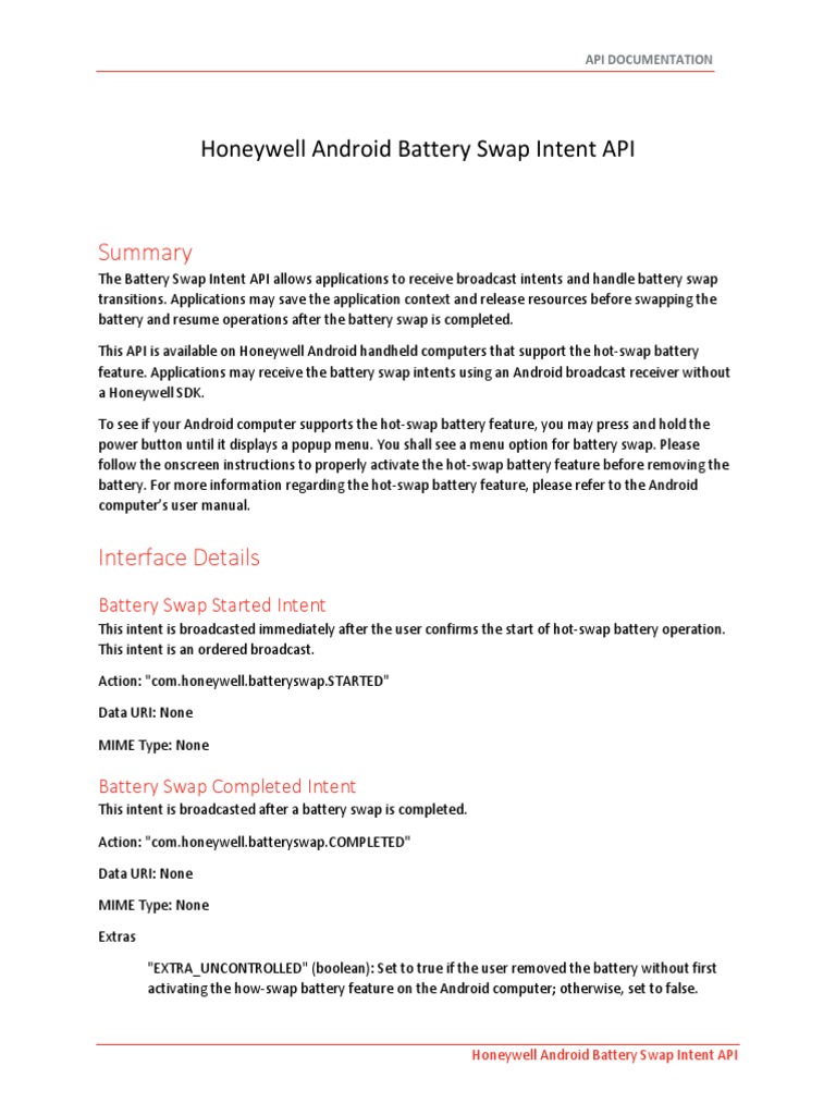 Honeywell Battery Swap Intent API | PDF | Android (Operating System ...