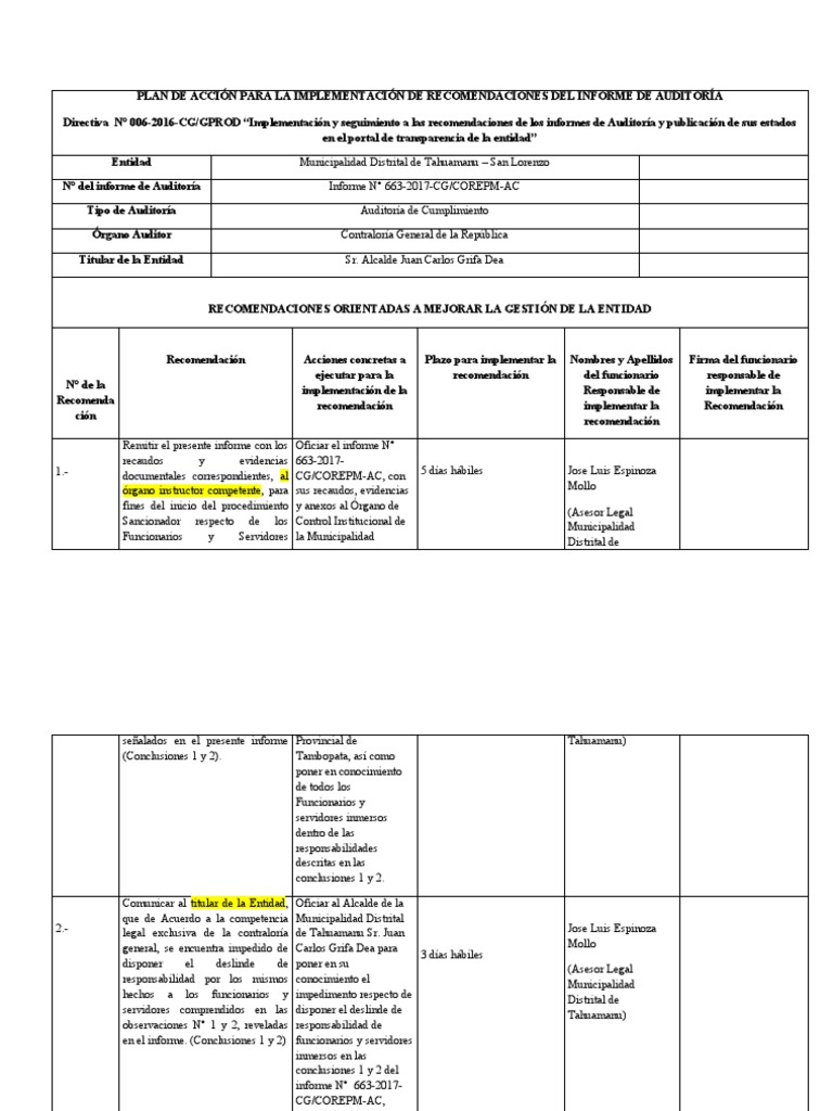 Plan de Acción para La Implementación de Recomendaciones Del Informe de ...