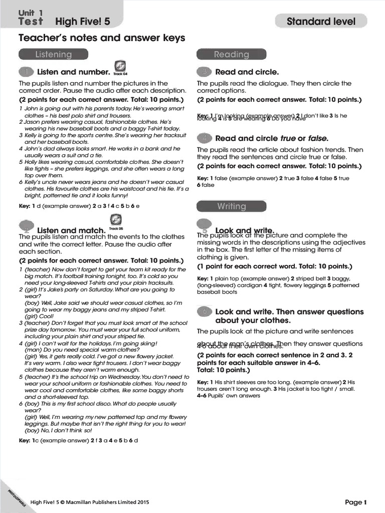 High Five! 5 Teacher's Notes and Answer Keys Standard Level | PDF ...