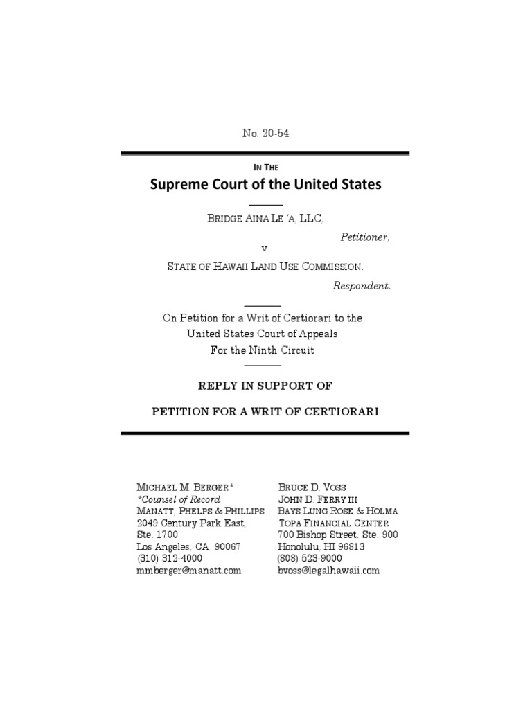 Reply in Support of Petition For A Writ of Certiorari, Bridge Aina Lea