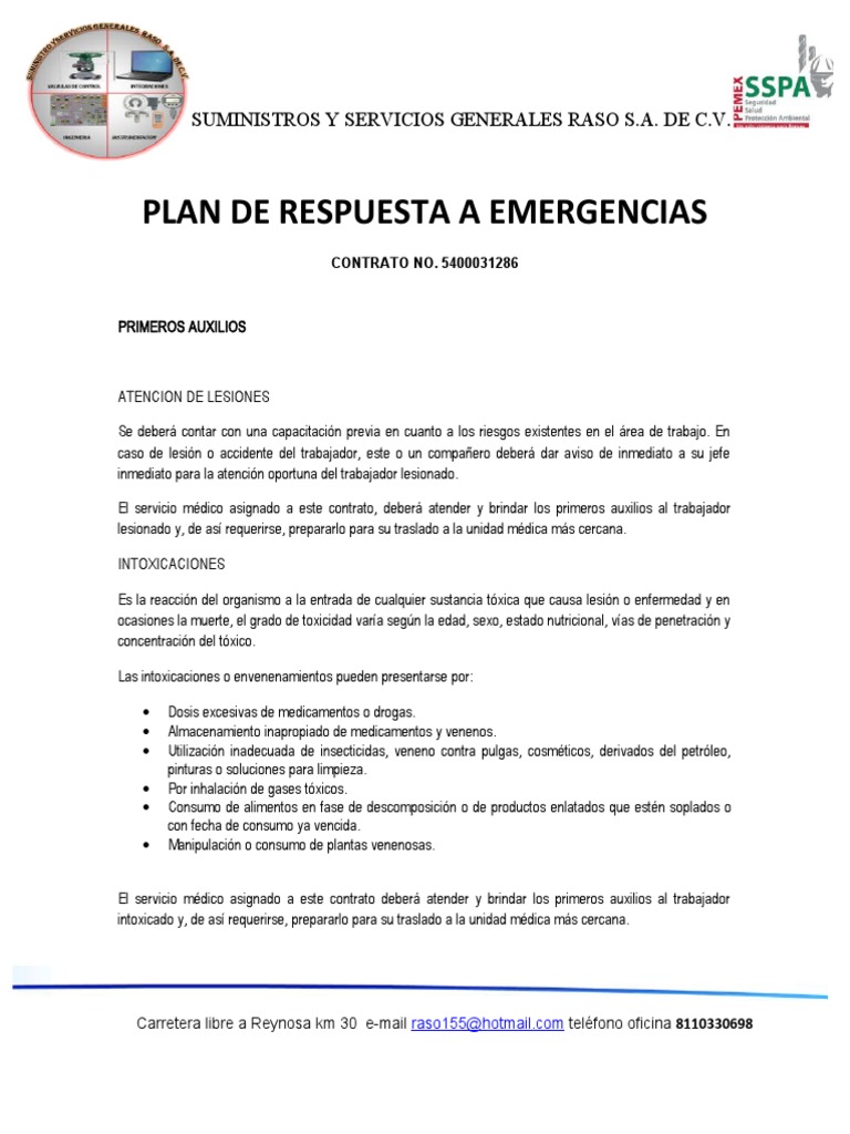 Plan de Respuesta a Emergencias Laborales | PDF | Primeros auxilios ...