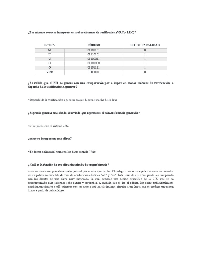 Interpretación de Códigos Binarios en VRC y LRC | PDF