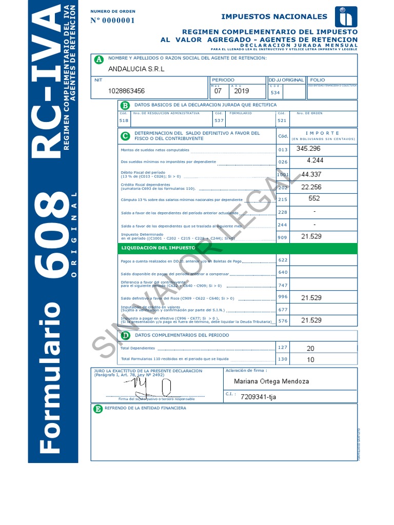 Formulario 608 RC IVA Bolivia | PDF | Impuestos | Dinero