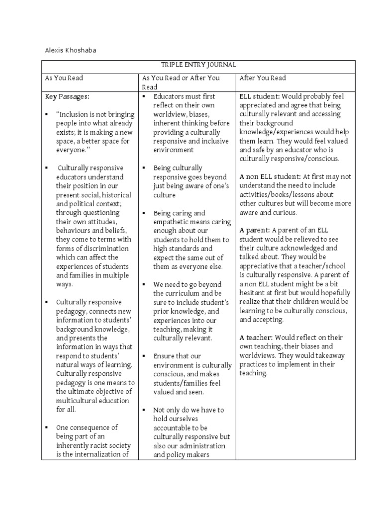 Triple Entry Journal PDF Pedagogy Constructivism (Philosophy Of