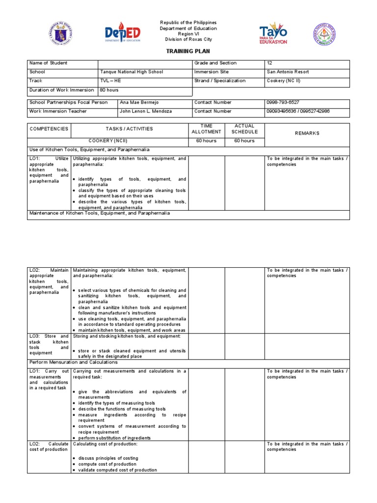 TRAINING PLAN COOKERY Docx | PDF | Soup | Vegetables