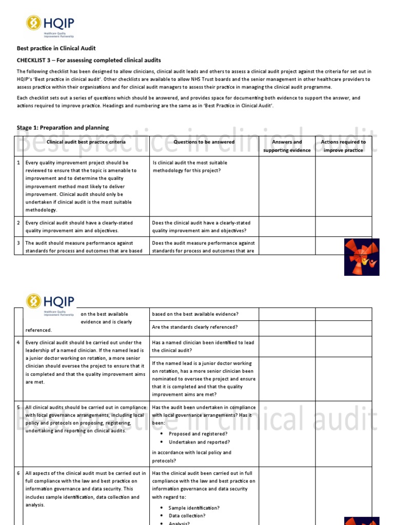Best Practice in Clinical Audit CHECKLIST 3 - For Assessing Completed ...